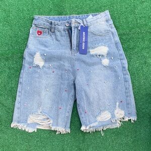 Aelfric Eden Light Wash Distressed Denim Shorts with Rhinestones